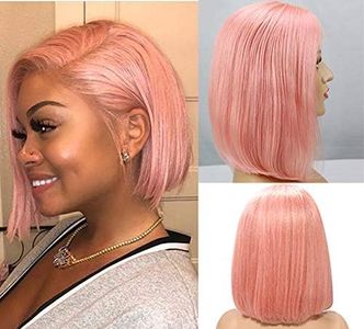 Glueless Human Hair Wig, Pre Plucked 13×4 HD Lace Frontal Bob Wigs Pink Colored Silky Straight 10inch Light Bleached with Baby Hair Virgin Human Hair Middle Part 180% Density Pink Bob Wigs for Women