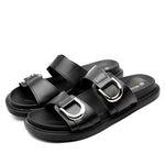 Women Platform Sandals Double Buckle Adjustable Strap Arch Support Ladies Fashion Mules Flat Slides Summer(CARRY1-BK-06)