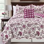 BNF Home Printed Paisley Flower 4 Piece Reversible Quilted Coverlet Set, King Purple