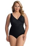 Miraclesuit Women's Plus Size Swimwear Solid Oceanus V-Neckline Underwire Bra Tummy Control One Piece Swimsuit, Black, 24W