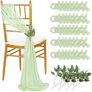 QueenDream Sheer Fabric Wedding Chair Sashes: 36PCS Tulle Church Chair Cover Long Chair Bows Aisle Drapes Party Decorations Sage Green