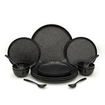 CREPON Black Hammered Melamine Dinner Set of 16 Pc for Family of 4, Crockry Set for Dinning, Perfect for Gifting and Serving,100% Food Safe, BPA Free, Stain Proof