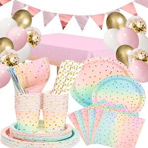 DUGEHO 100 Piezas Platos Fiesta Vajilla Papel Cumpleaños Platos, Servilletas, Vasos, Mantel, para Baby Shower Compromiso Suministros de Fiesta(16 Invitados)
