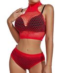 Buitifo Womens Lingerie Set Fishnet Babydoll Bodysuit Two Piece Nightwear (Red,M)