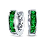 Tiny Small Square Princess Cut Simulated Emerald Green CZ Channel Set K-pop Huggie Hoop Earrings For Women Men Cubic Zirconia .925 Sterling Silver