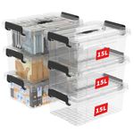 Cetomo 15L*6 Storage Boxes, Carry Plastic Storage Box with Lids, Organizing Container with Handle and Secure Latching Buckles, Stackable, Nestable, Tote Bin for Home Office Clothes, 15L-6Pack, Clear