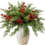 Watayo 45 Pcs Christmas Artificial Pine Branches with Red Berry Stems- 10.5" Faux Evergreen Norfolk Pine Cypress Leaves Stems- Fake Foliage Pine Needles Picks for DIY Craft Garland Home Decor