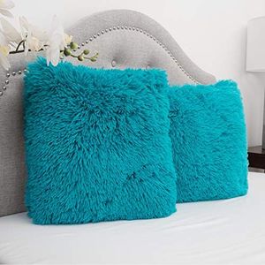 Sweet Home Collection Plush Pillow Faux Fur Soft and Comfy Throw Pillow (2 Pack), Turquoise
