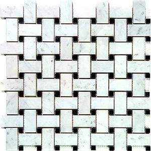 Basket Weave White & Gray Carrara Marble Mosaic Tile – 12" x 12" Mesh-Mounted Sheets, 5 Panels, Covers 5 sq ft – Polished Stone for Kitchen Backsplash, Bathroom Walls & Accent Features