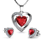 DEPHINI - Red Heart Necklace & Heart Earrings SET - 925 Sterling Silver - Red Crystal Earrings - Woman Pendant - 18" Rhodium Plated