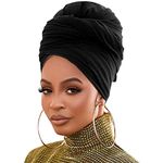 Pesonlook Stretch Jersey Turban Head Wrap Urban Hair Scarf Knit Headwraps Solid Color Ultra Soft Extra Long Breathable Head Band Tie for Women(Black)