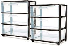 HOMZ 2-Pack Drawer Tower, 3-Tier Wide Clear Plastic Storage Organizer Cart, Black Frame - Organizing Containers with Wheels for Home, Bathroom, Bedroom, Office, and Classroom