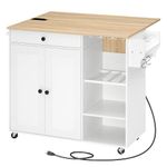 HOOBRO Kitchen Island with Storage, Rolling Kitchen Island with Folding Drop Leaf, Charging Station, Spice Rack, Drawer, Mobile Kitchen Island On Wheels, for Kitchen, White and Natural WN95UZD01