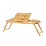 SONGMICS Bamboo Laptop Desk, Foldable Bed Table, for Left-hander, Right-hander, Height Adjustable Sofa Tray, 72 x (21-29) x 35 cm (B x H x T), with 5 Tilting Angles, Air Holes, Small Drawer LLD004