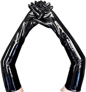 KLVEU Black Leather Gloves Long for Women Stylish Punk Style Leather Long Gloves for Party Versatile and Stretchable(M)