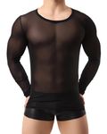 MANJIAMEI Men's Long Sleeve Tops, Sexy See Through Sheer Mesh Undershirt for Men, Slim Fit Gym Training Workout Tee Shirt Pullover Tops, Round Neck Transparent Tops Clubwear for Party Rave Disco