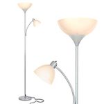 Brightech Sky Dome Plus - Super Bright LED Torchiere & Reading Floor Lamp - Dimmable Modern Standing Pole Lamp for Office, Living Room – Tall Mother-Daughter Lights for Bedroom Night Lighting – Silver