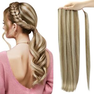 Full Shine Ponytail Hair Extensions Human Hair Wrap Around Real Hair Highlight Ash Brown Mixed Platinum Blonde Natural Hair Straight Hair Pieces 80Grams 20Inch Hair Clip Ponytail Extensions