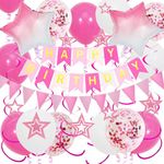 Pink Birthday Decorations, Happy Birthday Banner and Pink Star Balloons, Glitter Hanging Stars with Hanging Swirls, Birthday Bunting Banner, for Women Girls Birthday Party Decoration