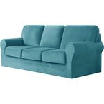 Sofa Cover 3 Seater 7 Pieces Set - Super Soft Stretch Velvet Sofa Slipcovers Sofa Protector Couch Covers with Separate 2 Backrest Cover and 2 Seat Cushion Cover for Living Room (Blue Green)