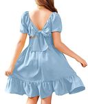 Arshiner Girls Kids Dress Short Sleeve Twirly Tie Back Casual Summer Tiered Dresses Clear Blue 10-11Y