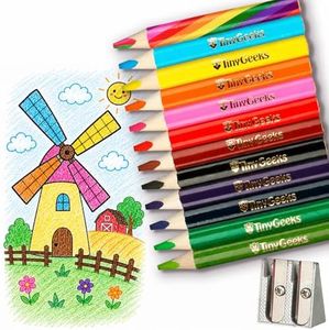 TinyGeeks Jumbo Pencils - NEW -12 Triangle Short Colored Pencils for Kids and Rainbow Pencil + Sharpener - Perfect for Preschool, Toddlers and Beginners + Recommended by Teachers & Experts