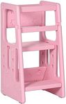 Qaba Toddler Kitchen Helper 2 Step Stool with Adjustable Height Platform and Safety Rail, Pink