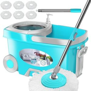 FunClean Spin Mop and Bucket,Mop and Bucket with Wringer Set for Home,360 Spinning Mopping Floor Cleaning Tool with 6 Microfiber Replacement Head Refills,61" Extended Handle, 2X Wheel - Blue