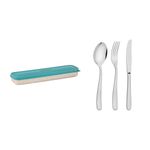 Tramontina 4 Piece Stainless Steel Travel Cutlery Set, Knife Fork and Spoon, Wheat Fibre Travel Case, On-The-go Style (Green)