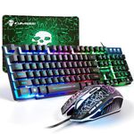 Gaming Keyboard and Mouse Set, 104 Keys UK Layout QWERTY Rainbow Backlit Keyboard, 2400 DPI 4 Buttons Colorful Mice, Comfortable MousePad, USB Wired, Compatible with Windows Mac PC PS4, Black