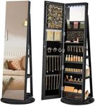 SONGMICS 6 LEDs Lockable Mirror Jewelry Cabinet, 360° Swivel Jewelry Organizer Armoire Standing, Frameless Full-Length Mirror, 3 Storage Shelves, Christmas Gifts, Black Surface Black Lining UJJC007B01