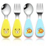 BEWOS Toddler Cutlery 4 Pcs, 304 Stainless Steel Kids Cutlery Set, Safe for All Age of Kids, Suitable for Baby Self Feeding Weaning Set - 2 x Forks, 2 x Spoons, Dishwasher Safe (Yellow & Blue)