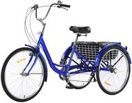 GarveeLife 3 Wheel Bikes for Adults, 7 Speed Tricycles for Adults, 24 inch Adult Tricycles for Women Men Seniors with Dual Chain, Rear Basket and Bag, Adult Trikes for Shopping, Beach and City, Blue