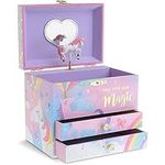 Jewelkeeper Musical Jewelry Box with 2 Pullout Drawers, Glitter Rainbow and Stars Unicorn Design, Over The Rainbow Tune