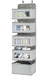 Over the Door Hanging Organizer with 5 Large Pockets - Wall Mount Pantry Storage with Clear PVC Window & 2 Big Metal Hooks for Closet,Bathroom,Nursery,Bedroom,Dorm,Baby Diapers,Kids Toys (Gray)