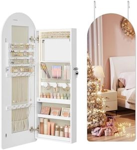 SONGMICS Wide Jewelry Organizer, LED Jewelry Cabinet Wall/Door Mounted, Arched Mirror with Storage, Lockable, Rounded Corner, Interior Mirror, Christmas Gifts,3.9 x 16.5 x 42.5 Inches, Cloud White