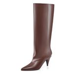 MIRAAZZURRA Brown Wide Calf Fold Over Boots Slouchy Women Knee High Boots Cone Heel Pointed Toe Pull on Women Boots Size 9