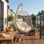 Blisswood Rattan Swing Egg Chair Garden Patio Indoor Outdoor Hanging Egg Chair With Cushion & Stand Indoor & Outdoor Egg Chair Upto 150kg Weight Capacity (Beige)