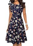 YATHON Women's Dresses, Vintage Classic Navy Floral Flutter Sleeves Plus Size Casual Swing Dress for Work Party Evening Wedding Guest (XL, YT001-Navy Floral)