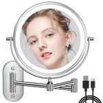 Auxmir Rechargeable Wall Mounted Lighted Makeup Mirror, 8" Double Sided 1X/10X Magnifying Vanity Mirror, 3 Color Lights Touch Dimmable Bathroom Cosmetic with 360° Swivel 13 Inch Extendable Arm, Chrome