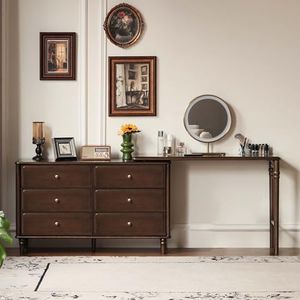 YESWOOD Large Vanity Desk with 6 Storage Dresser, Poplar Wood Adjustale Makeup Table for Girls, Vanity Set for Bedroom, Living Room, 97" D x 16" W x 31" H(no Chair no Mirror)