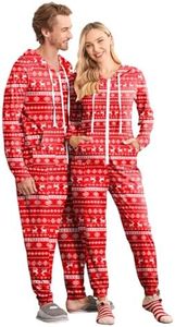 Ekouaer Christmas Matching Onesies for Couples Zipper Hooded Adult Onesie Pajamas with Pockets S-XXL, Elk, X-Small