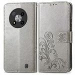 RankOne Leather Case for ZTE Blade A73 5G (6.52 Inches), Wallet Case with 3 Card Slots, 1 Coin Pocket, Four-Leaf Clover Pattern - Grey