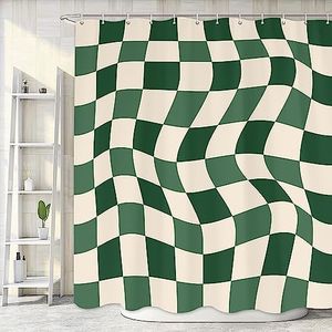 Aesthetic 70S Sage Green Checkerboard Shower Curtain, Cute Sage Green Bath Curtain, Retro Boho Minimal Abstract Wavy Swirl Bathroom Accessories Groovy Teen Girls for Bathroom Curtain Liner, 69X84IN