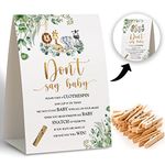 Don't Say Baby Clothespin Games,Greenery Animals Baby Shower Game(Pack of 1 Sign and 50 Mini Clothespins),Baby Shower Decorations,Baby Shower Game Gender Neutral,Party Favors Supplies - 36