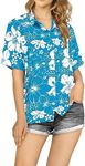 LA LEELA Women's Button Down Floral Beach Blouse Shirt Hawaiian Tshirts Short Sleeve Tops Shirts Colorful Blouses for Women L All Hibiscus Turquoise