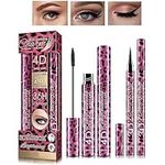 4D Silk Fiber Eyelash Mascara & Eyeliner Kit, 4D Eyelash Mascara with Liquid Eyeliner Kit, Waterproof Sweat-Proof SmudgeProof, for Longer, Thicker, Voluminous Eyelashes Perfect Eyes Makeup-Black