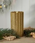 Seasonal LLC Sutton Fluted Seasonal Realistic Motion Flameless Battery Powered Pillar Candle | 3D Moving Flame | Adjustable Brightness | Translucent and Glowing Body Gold 4x8