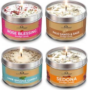 Smudge Candle Gift Set (4x6oz) – Love, Grounding, Cleansing & Awakening – Soy Wax Energy Candles – Sage, Rose, Palo Santo & Sedona – Spiritual for Protection, Intention & Healing – Made in USA