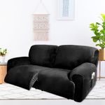 Fengshui 2 Seater Recliner Sofa Covers 6 Pcs Velvet Stretch Loveseat Couch Cover with Side Pocket, Soft Washable Reclining Chair Protector fit 75'' to 100'' Extra Wide Loveseat Armchair, Black